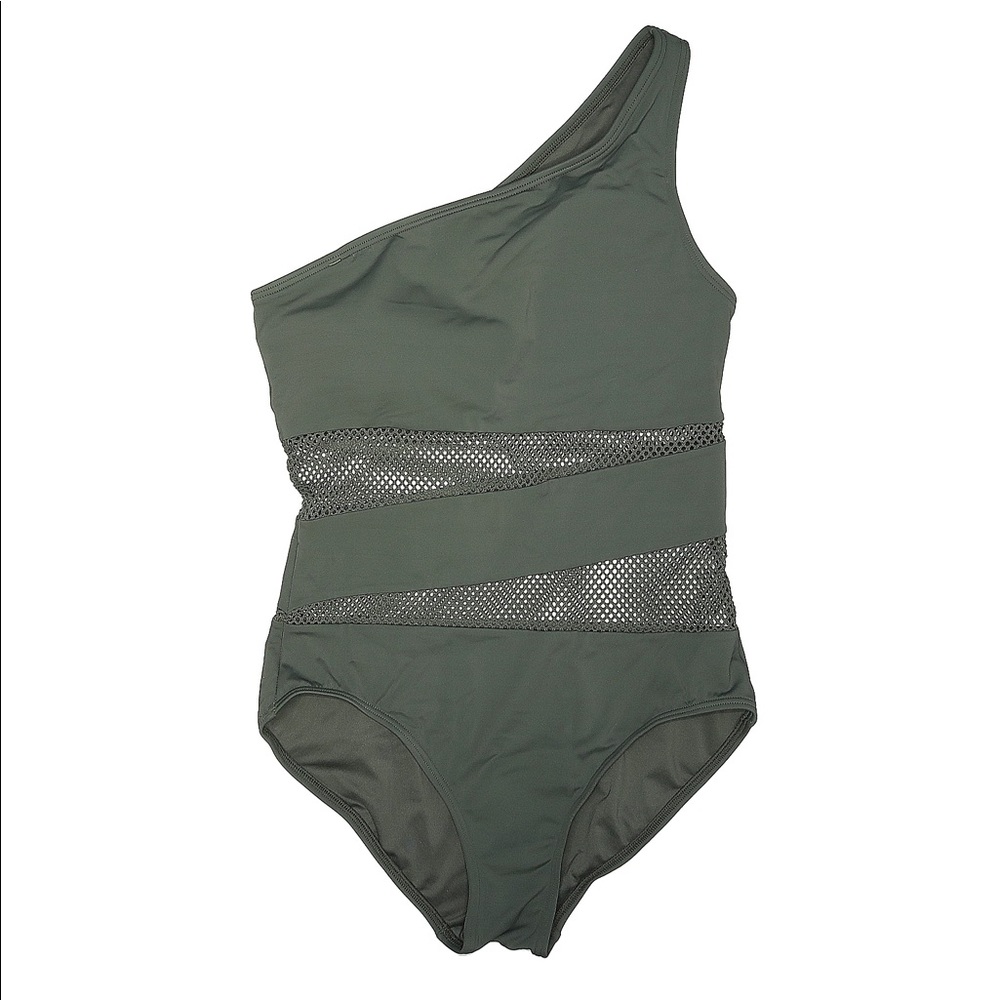 Olive Green One Shoulder One Piece Bathing Suit